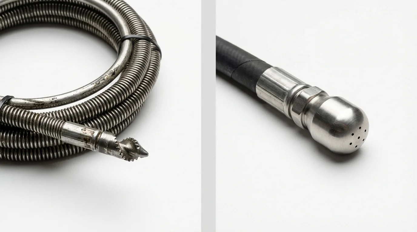 Drain snake cable and hydro jetting nozzle used for drain cleaning in Greenwood, MO