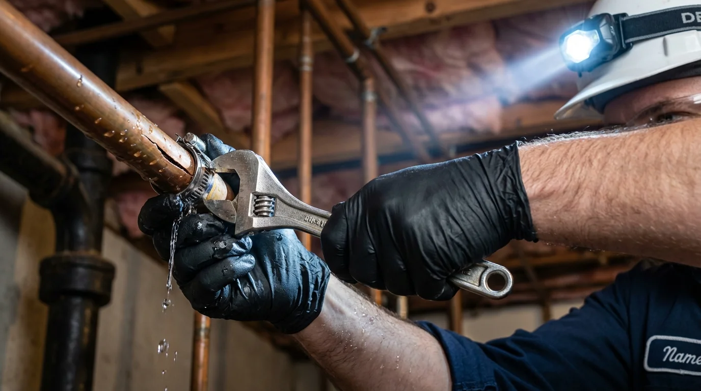 Emergency pipe clamp repair being performed by a Johns Plumbing LLC plumber in Greenwood