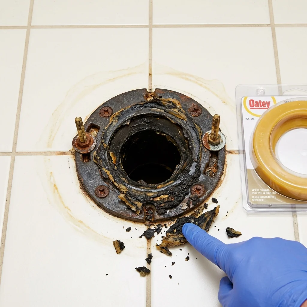 Failed wax ring showing water seepage at the base of a toilet in a Greenwood, MO home