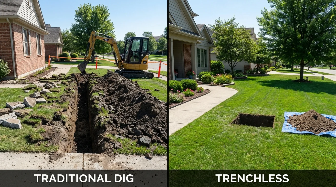 Trenchless sewer repair with minimal yard damage versus traditional excavation in Greenwood, MO