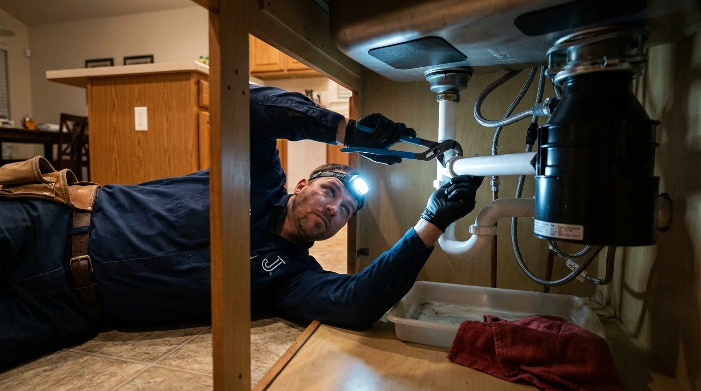 P-trap and supply line connections under a kitchen sink showing a common leak point in Greenwood, MO